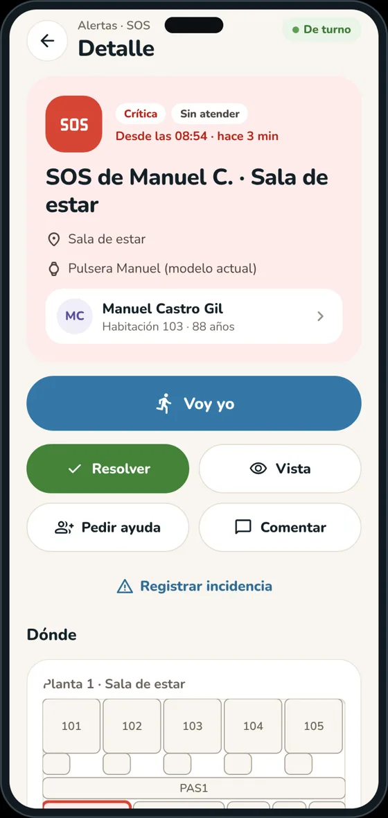 App de cuidadores mostrando el detalle de un SOS