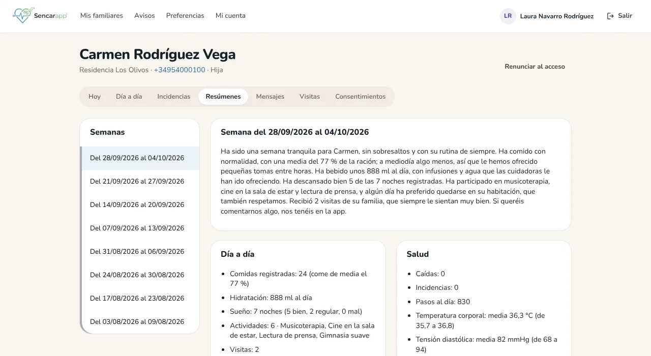 Portal de familias: resumen semanal de una residente